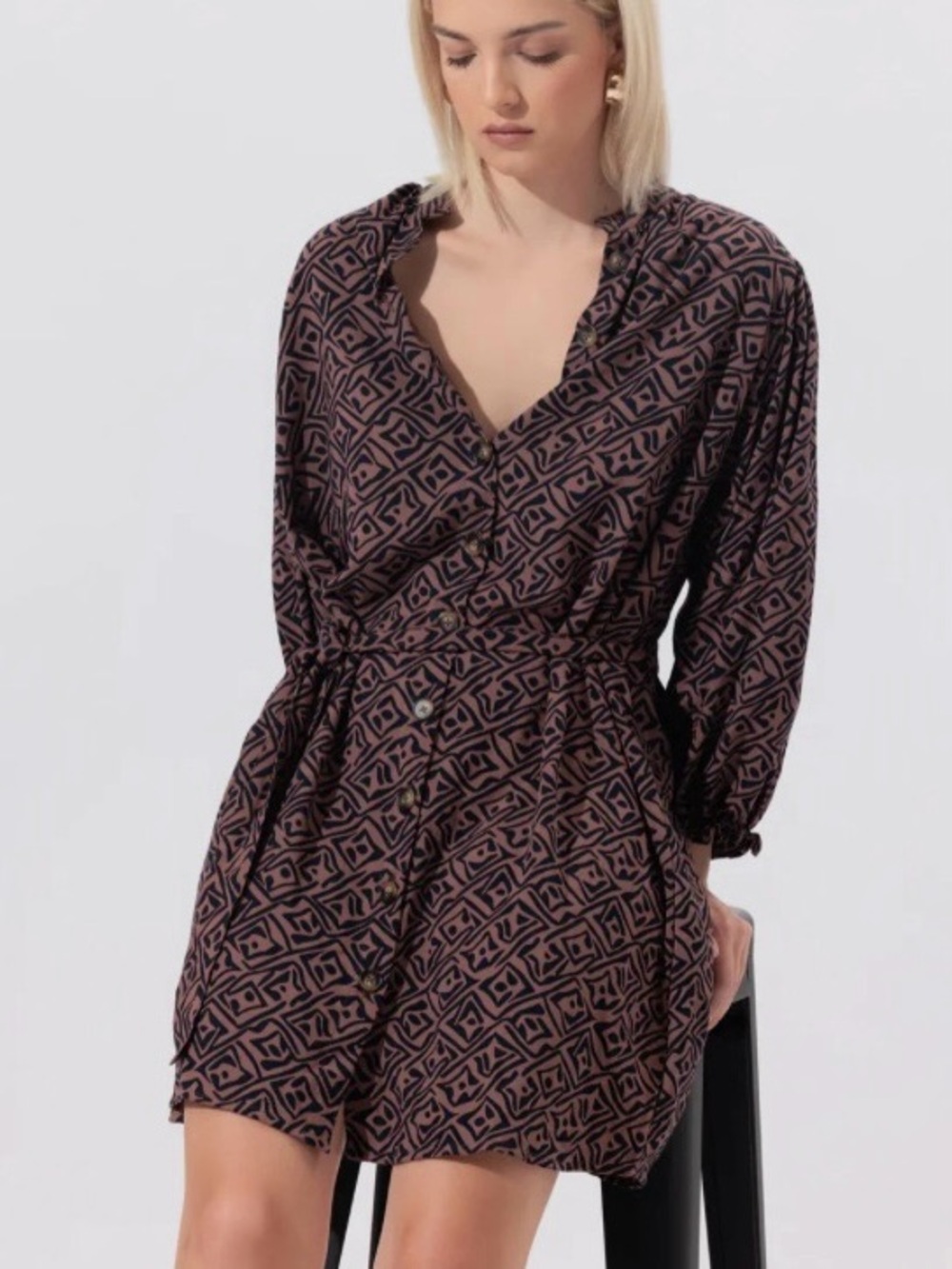 Lusana Desi Linen Geometric Print Mini Dress Relaxed Fit